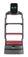 Lucki Bot front view, 3 big red trays to put items on and a vertical screen on top of it